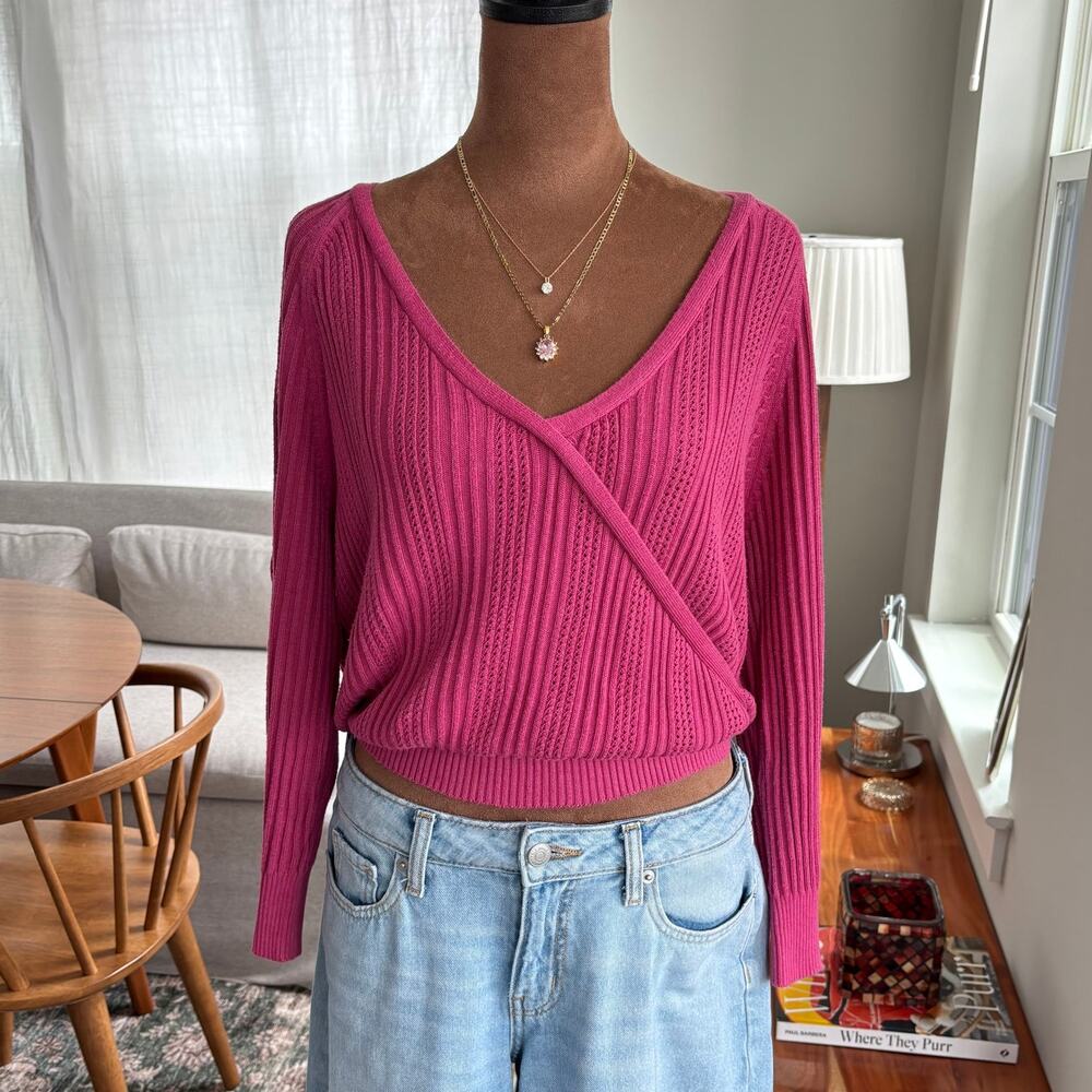 90s Vintage Jones Wear Pink Ribbed Wrap Sweater V-Neck Long Sleeve Extra Large